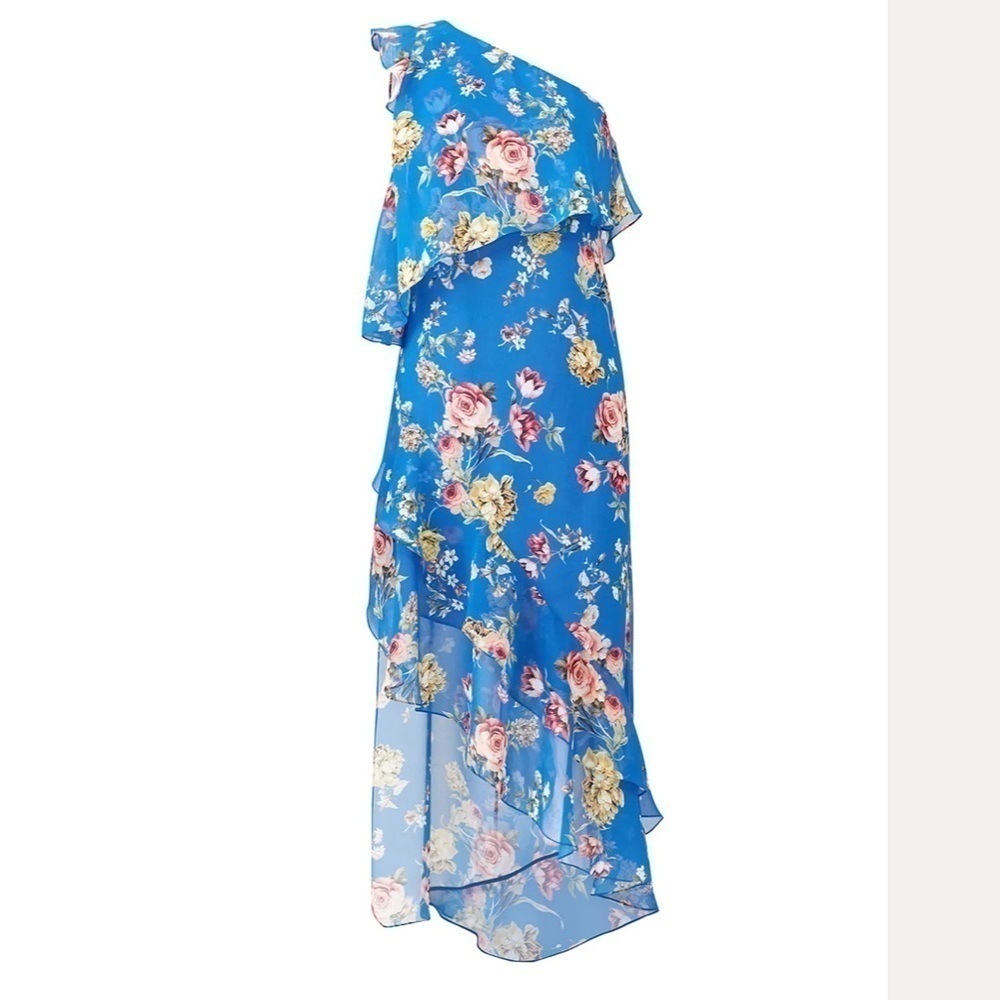 Slate & Willow Blue Floral Maxi One Shoulder Ruffle Dress